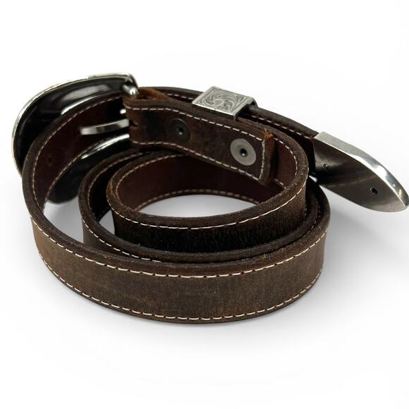 Vintage 90\'s Brown Belt XL Western mixed metal boho cowgirl daisies artisan main image 5